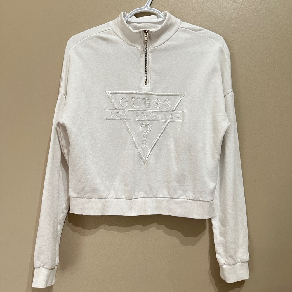 Guess White Cropped Quarter Zip Sweater Medium